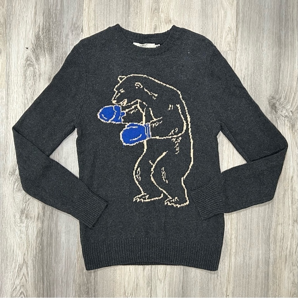 H&M LOGG Boxing Polar Bear Long Knit Tunic Sweater Gray Cotton Wool Blend Size S